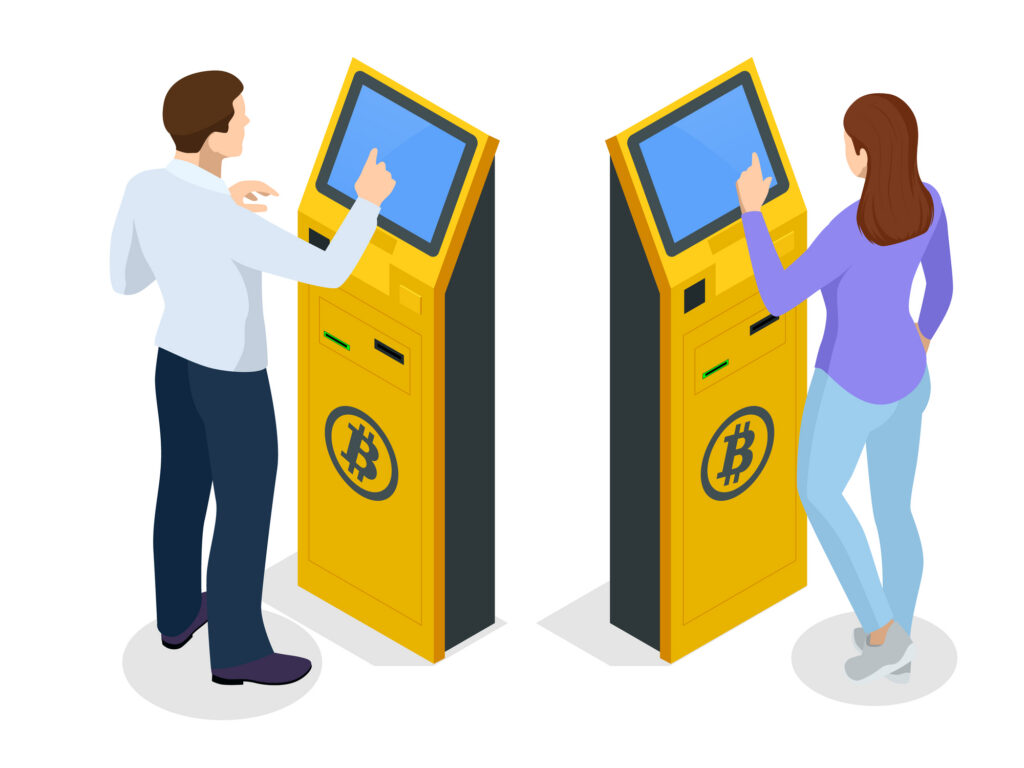 Illustration showing how to buy Bitcoins with cash using a Bitcoin ATM, with users selecting options on the screen