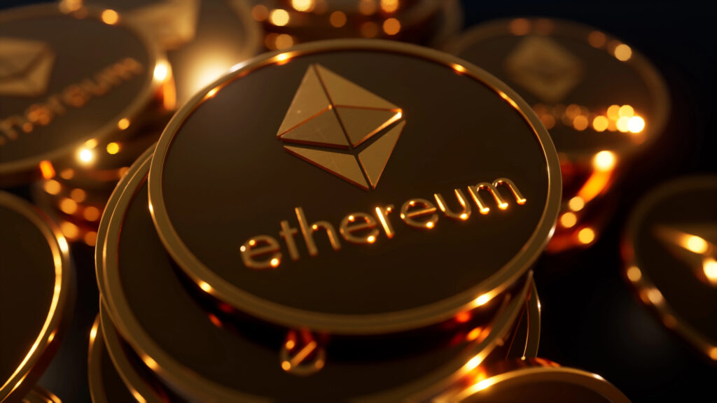 Close-up of gold Ethereum coins representing buying Ethereum as a digital asset in Canada.
