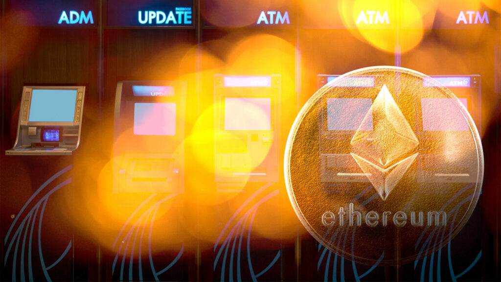 Ethereum coin displayed in front of ATM machines, representing buying Ethereum with cash at a crypto ATM in Canada.