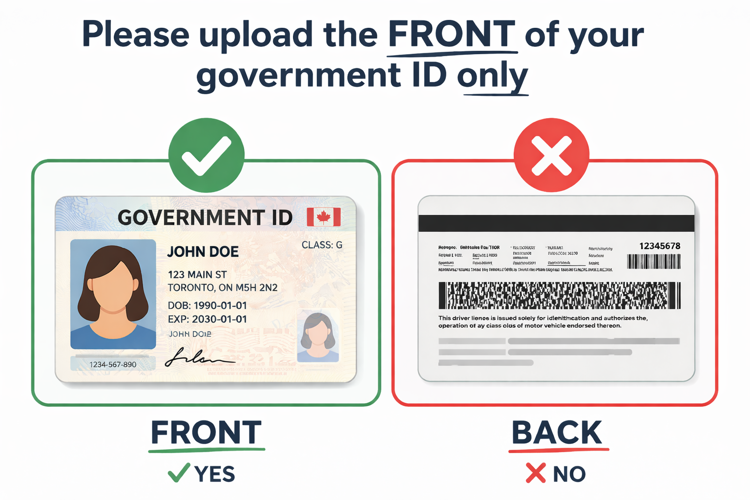 Example: upload the FRONT of your government ID only, not the back