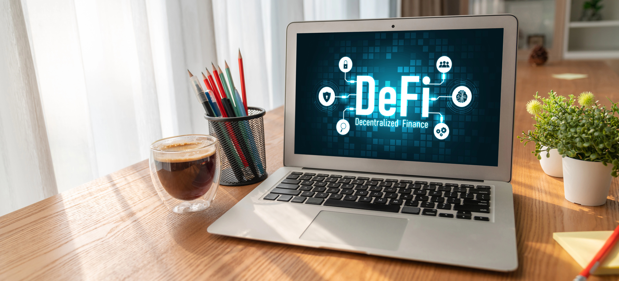Decentralized finance (DeFi) platform displayed on a laptop illustrating blockchain-based financial services